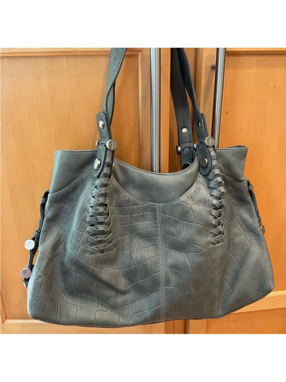 b. makowsky Teal/Gray Embossed Shoulder Tote with Braided Straps. 100% Leather
